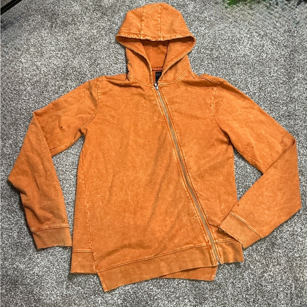 Konus Orange Vintage Style Unbalanced Hoodie distressed Zip-Up Med New